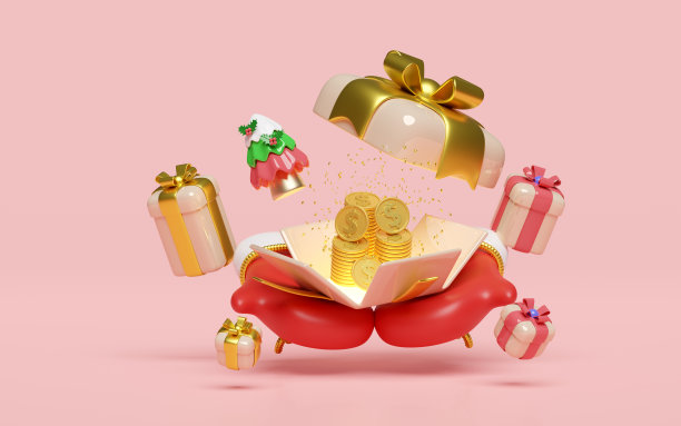 3d打开礼盒上温暖的连指手套与美元硬币堆栈，圣诞树。圣诞快乐，新年快乐，3d渲染插图图片下载