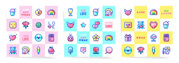 情人节可爱的无缝图案集。像素艺术风格，复古游戏极客元素，2000年的Y2K情绪。采购产品丘比特，爱心，鲜花，糖果，数码产品，游戏机。图片下载