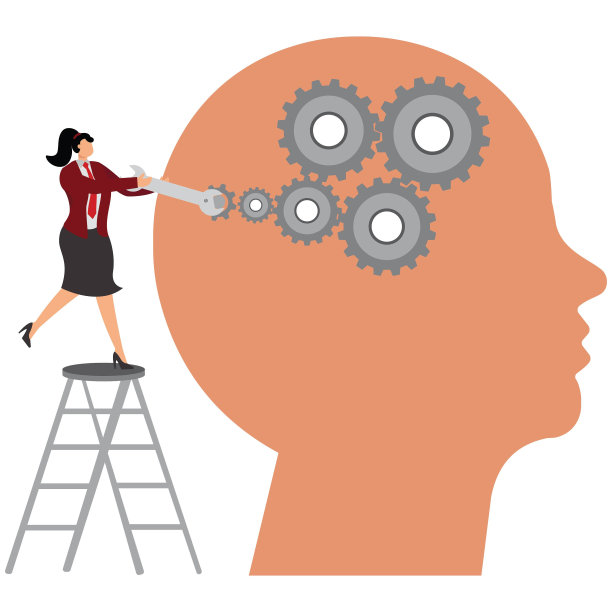 机械维修，女商人拿着扳手在一堆齿轮中修理图片下载