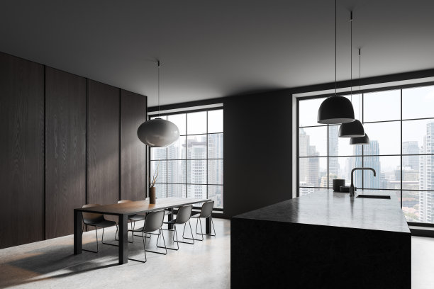 灰色和木制餐厅角落与岛图片下载