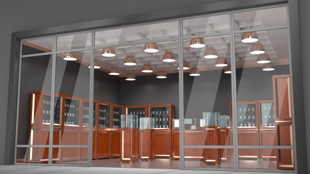 商场内的珠宝店，店面外立面，展览灯和木制陈列柜图片下载