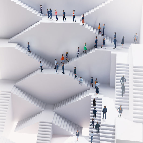 在一个抽象的环境中，许多商业和专业人士在小径上排队，其中有许多楼梯，代表着职业挑战，职业，成长和商业生活。三维渲染图片下载