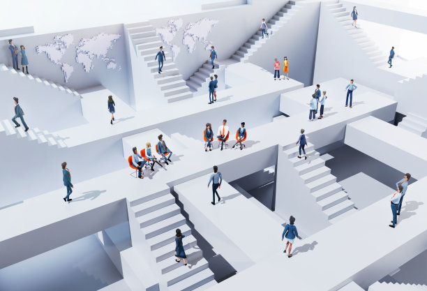 商务人士在一个项目上合作，分享想法。上班族都是在一个抽象的商务环境中上下奔波，忙碌的商务生活，一起工作的概念。三维渲染图片下载