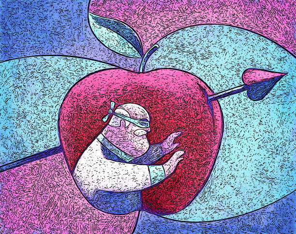 蒙眼的老爷子拿着苹果搜索图片下载