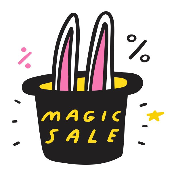 一只兔子坐在帽子里。技巧。神奇的销售。矢量平面图标插图。市场营销。图片下载