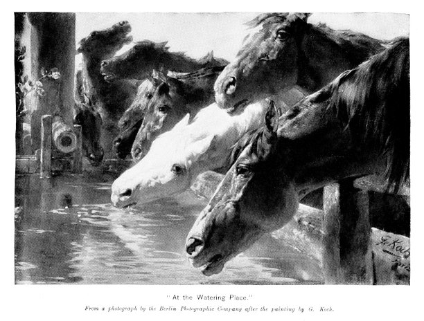 马在饮水处饮水，艺术家G科赫，西方艺术图片下载