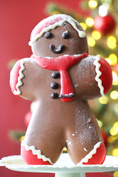 个人自制的特写图片，圣诞老人设计的巧克力姜饼人饼干放在蛋糕架上，用红白相间的皇家糖霜，圣诞老人帽子，红围巾，云杉圣诞树与点亮的仙女灯和小装饰品的背景，重点图片下载