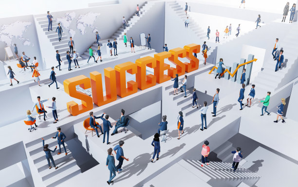 商务人士在一个项目上合作，围绕着巨大的成功标志分享想法。在抽象的商业环境中，上班族在楼梯上跑来跑去。三维渲染图片下载