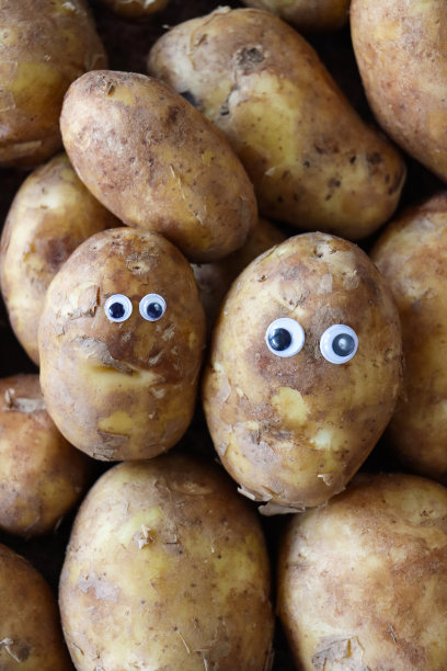 形象滑稽，卡通人物由两个长着大眼睛的土豆做成，一堆洗过的带皮土豆，儿童健康饮食，概念幽默，重点放在前景图片下载