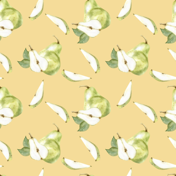 水彩画绿色梨无缝图案在桃子模糊的背景。夏季水果背景纺织，包装，装饰设计。梨和绿叶切片用于厨房、墙纸装饰图片下载