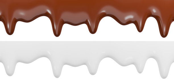 白奶油和棕色巧克力融化了，流淌下来。滴液集。3 d渲染。图片下载