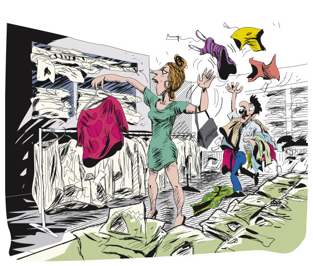 一名女顾客在一家服装店，她把衣服撒了一地，店员试图把她捡起来图片下载