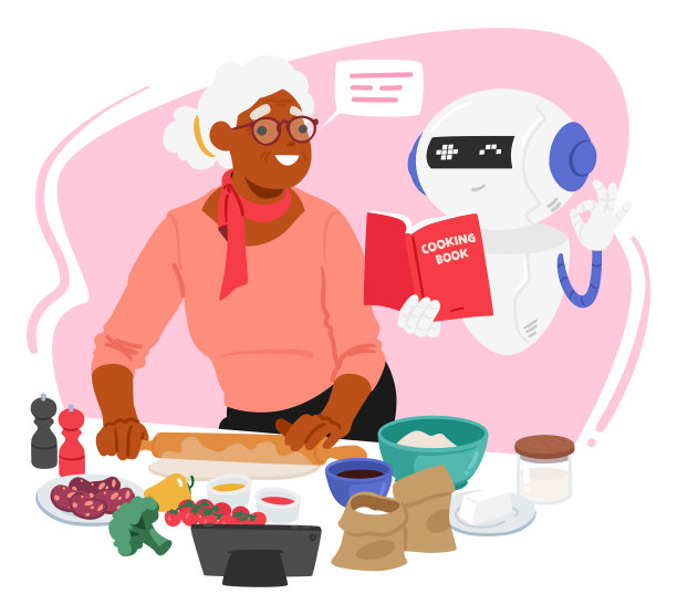 老妇人愉快地与厨房聊天机器人助手互动，寻求食谱建议。虚拟烹饪协作图片下载
