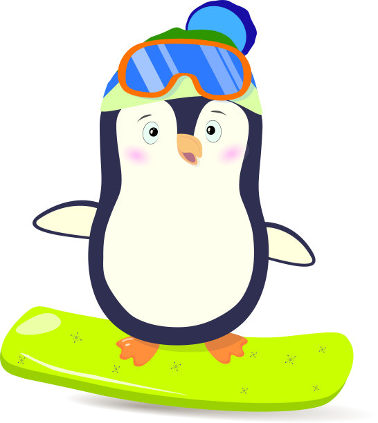 卡通企鹅戴着冬天的帽子和眼镜站在滑雪板上。图片下载