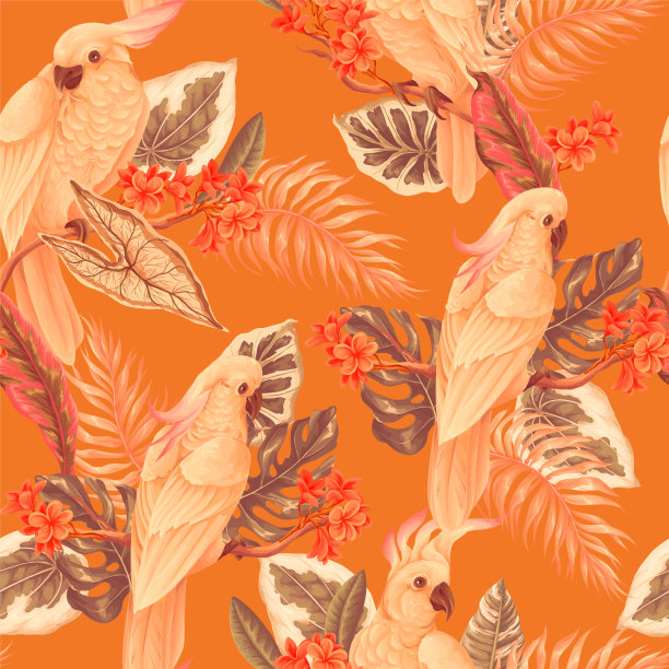 无缝图案与凤头鹦鹉，热带树叶和花朵。向量。图片下载