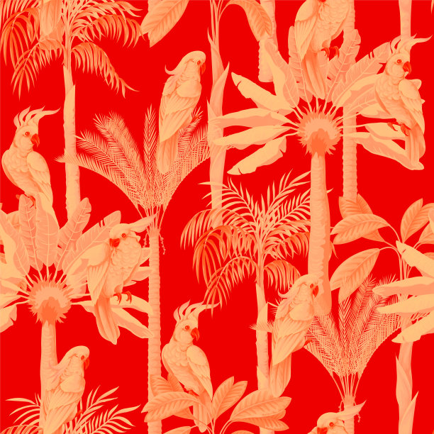 棕榈和凤头鹦鹉的无缝图案。向量。图片下载