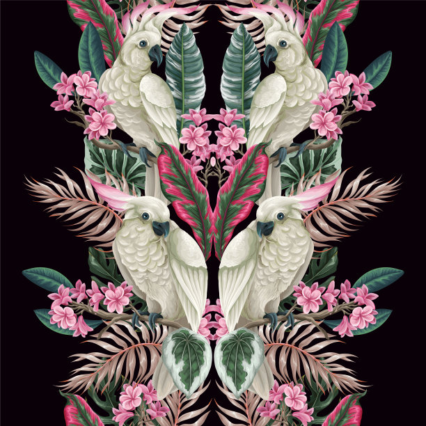 无缝图案与凤头鹦鹉，热带树叶和花朵。向量。图片下载