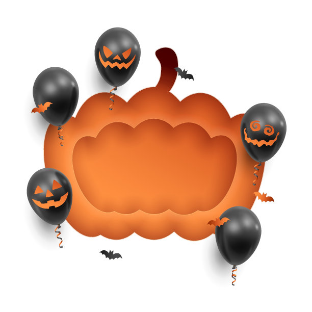 海报上有逼真的黑色气球、彩带、蝙蝠纸屑和红色、橙色、姜色的剪纸南瓜。矢量插图卡片，万圣节派对，设计，传单，海报，横幅，网络，广告图片下载