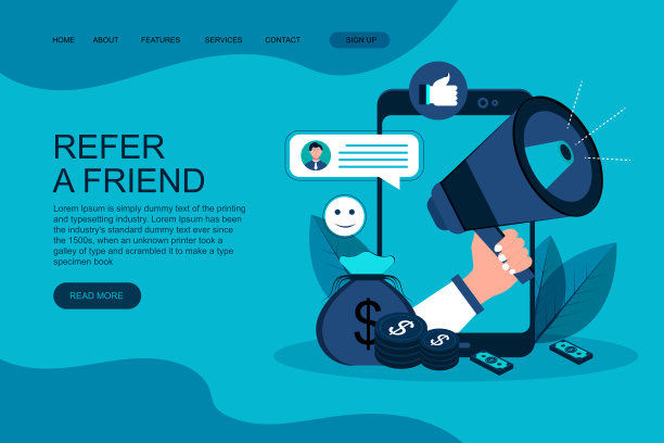 推荐朋友概念设计，人们分享关于推荐的信息并赚钱。适用于网页登陆页，用户界面，移动应用程序，横幅模板图片下载