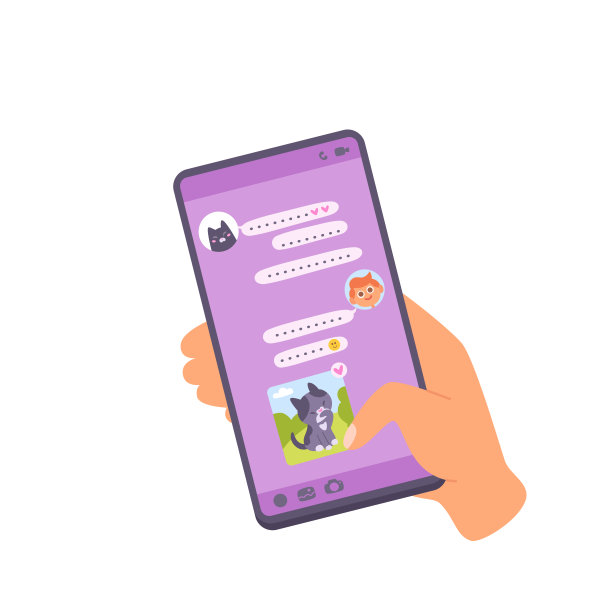 手持垂直手机与聊天屏幕。右手用拇指触摸智能手机显示屏。手机模型。平面卡通矢量插图图片下载