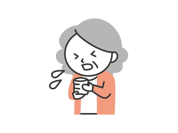 一位年长的妇女喝茶，噎着了。图片下载