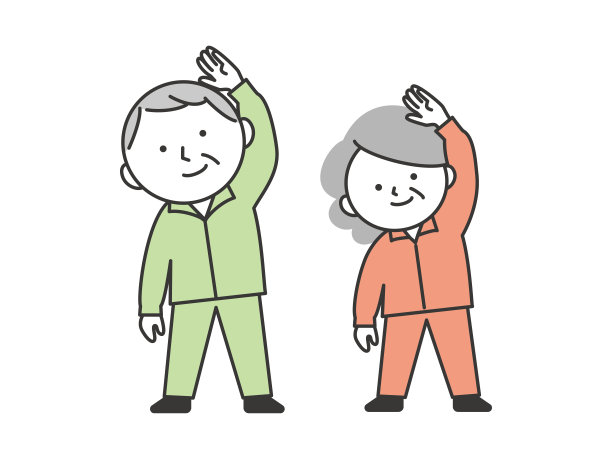 一对老年夫妇穿着运动服在做体操。图片下载