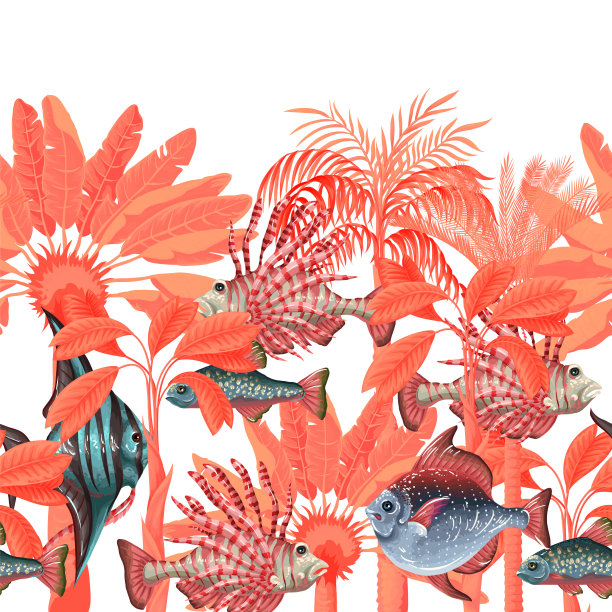 与海鱼和树木接壤。向量。图片下载