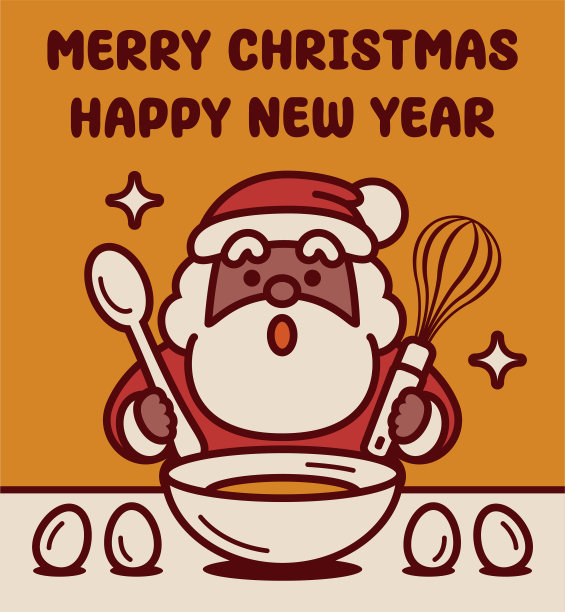 可爱的黑人圣诞老人手持搅拌器和勺子，正在混合圣诞蛋糕的配料图片下载