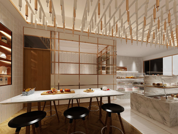 自助餐厅和餐厅的3D渲染图片下载