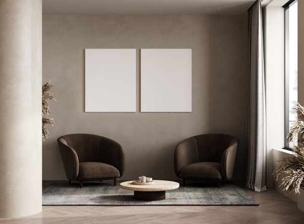 两个海报框架模拟在斯堪的纳维亚风格的客厅内部，现代客厅内部背景，3d渲染图片下载