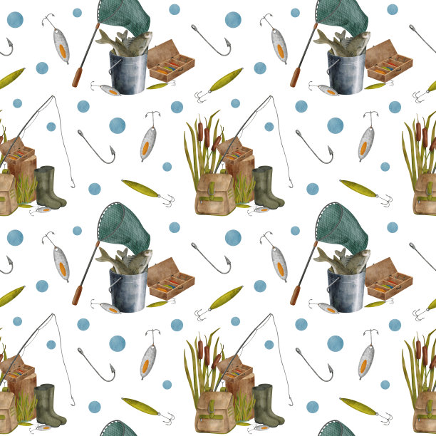 水彩钓鱼无缝图案。手绘钓鱼竿，落地网，带鱼的水桶，芦苇植物，胶靴和白色背景上孤立的诱饵。夏季捕鱼嗜好重复设计。图片下载