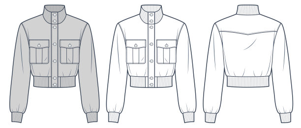 短夹克时尚平面技术图纸模板。钮扣羽绒服技术时尚插图，口袋，肋骨，前后视图，白色，灰色，女性，男性，男女通用CAD模型集。图片下载