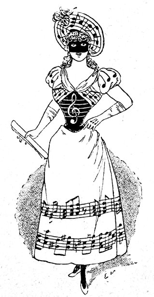 优雅的年轻女士穿着一件长长的晚礼服，上面有乐谱图片下载