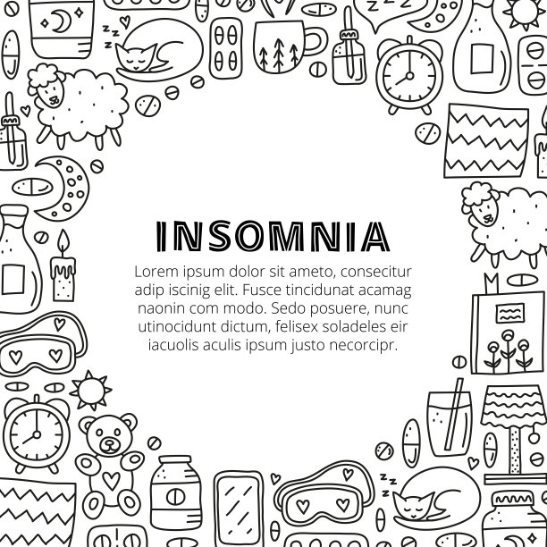 海报与字母和涂鸦概述失眠的图标。图片下载