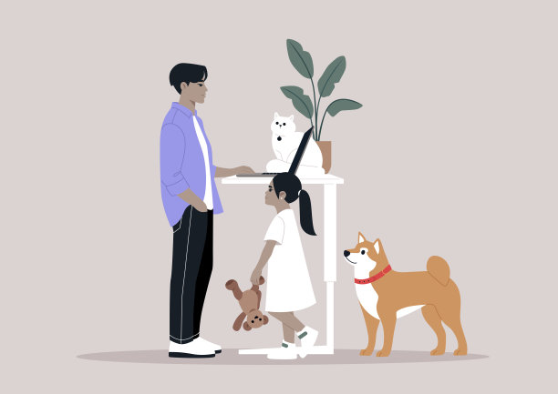 这是工作与生活平衡的写照——年轻的父母多任务处理，远程完成办公室工作，同时被孩子和宠物分散注意力图片下载
