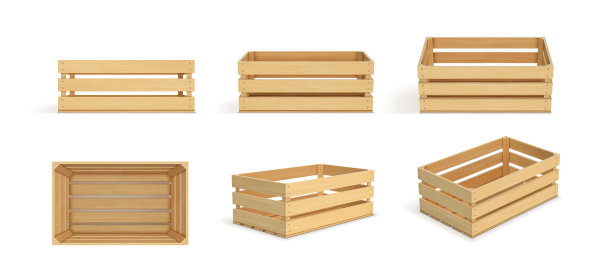 矢量现实货物存储木箱隔离在白色背景。带孔的木制水果盒。用于储存和运输食品的盒子。图片下载
