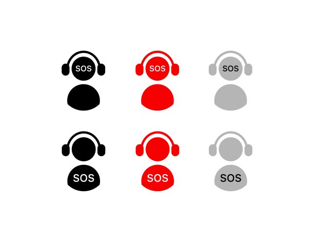 SOS图标。不同的风格，男人戴着耳机剪影，SOS图标。矢量图标图片下载