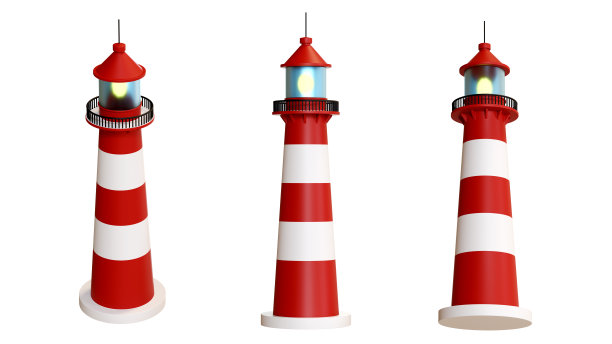 3D渲染的一套灯塔集合，航海导航灯塔塔，灯塔和灯光符号，海洋海滨建筑，灯塔航海导航图片下载