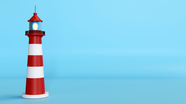 彩色背景上的灯塔3D渲染，航海导航灯塔，灯塔和灯光符号，海洋海滨建筑，灯塔航海导航图片下载