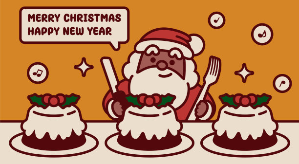 可爱的黑色圣诞老人手里拿着刀叉准备吃圣诞布丁，祝你圣诞快乐，新年快乐图片下载