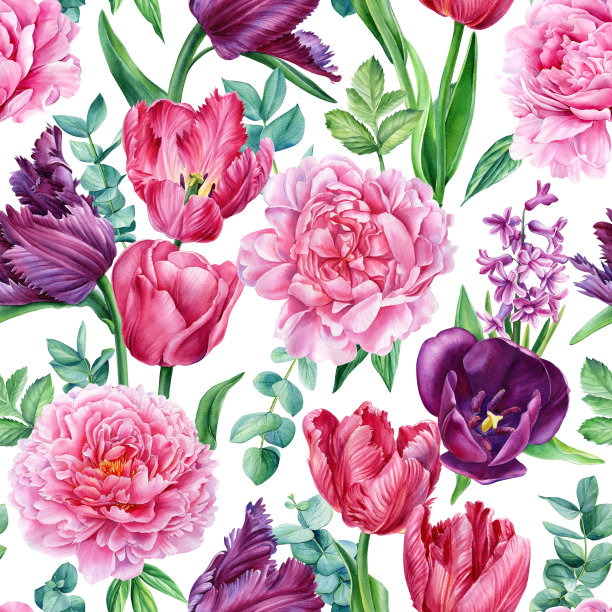 花卉无缝图案。水彩画春花，园林插画。花卉设计。花束，装饰背景图片下载