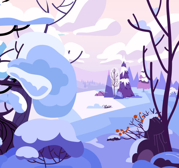 冬季森林景观与冷杉树和灌木矢量。高山雪景背景。圣诞插画图片下载