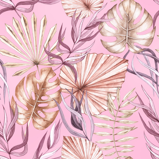 棕榈叶，粉红色背景上的怪物图案图片下载