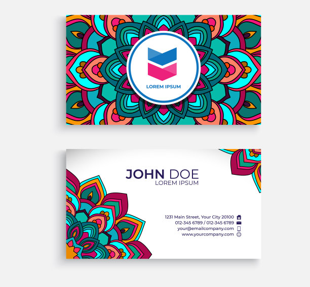 华丽的圆形曼陀罗多色名片设计图片下载