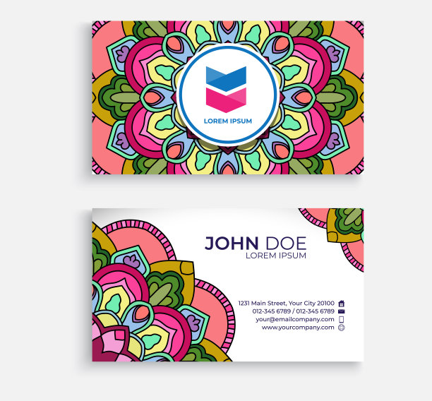 华丽的圆形曼陀罗多色名片设计图片下载