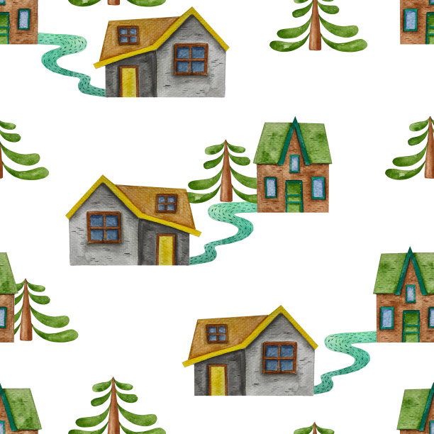 小房子无缝图案。手绘水彩背景，包装纸，纺织品印花图片下载