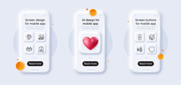 拼图、定时器和新冠病毒检测线条图标包，适用于Web应用程序的3D手机模型矢量素材图片下载