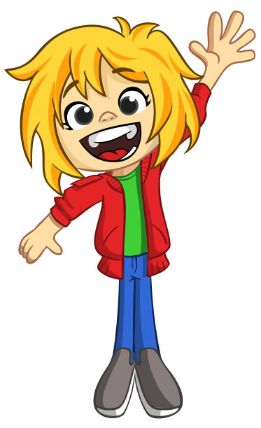 可爱的小女孩挥手微笑的矢量卡通插画，穿着休闲街头服饰图片下载
