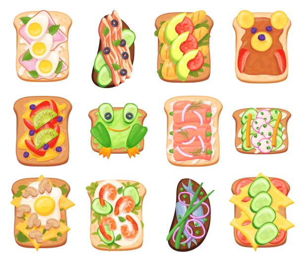 三明治俯视图。隔离三明治不同的浇头，烤面包配料火腿三文鱼蜂蜜鸡蛋鳄梨蘑菇素食吐司早餐食品整洁的矢量插图图片下载