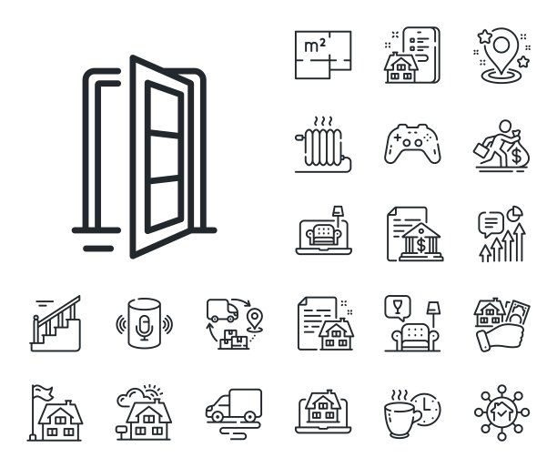 开门线图标。入口门口标志。平面图、楼梯和休息室。向量图片下载